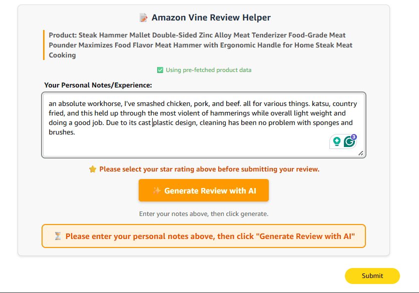 AI generating professional review from user notes